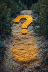 Poster - A question mark with a pair of footsteps leading away, representing questions about the future, set against a pastel yellow background,