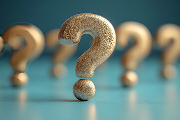 Aufkleber - A row of small question marks, with one larger and outlined in gold, set against a pastel mint green background,