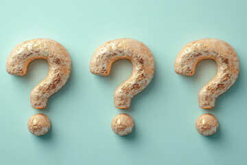 Aufkleber - A row of small question marks, with one larger and outlined in gold, set against a pastel mint green background,