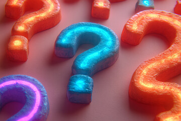 Aufkleber - A cluster of faded question marks, with one vibrant and glowing neon green, isolated on a pastel peach background,