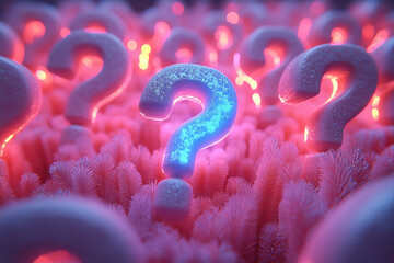 Aufkleber - A sea of light grey question marks, with one highlighted in glowing blue, isolated on a pastel coral background,