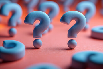 Aufkleber - A sea of light grey question marks, with one highlighted in glowing blue, isolated on a pastel coral background,