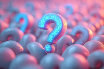 Aufkleber - A sea of light grey question marks, with one highlighted in glowing blue, isolated on a pastel coral background,