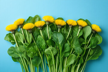 Wall Mural - A bunch of fresh dandelion greens, known for promoting liver detox, isolated on a pastel blue background,