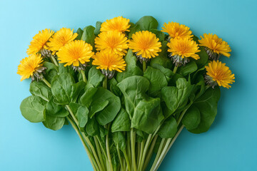 Canvas Print - A bunch of fresh dandelion greens, known for promoting liver detox, isolated on a pastel blue background,