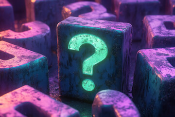 Aufkleber - A cluster of monochrome question marks, with one question mark shining in electric green, set against a pastel lavender background,