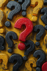 Poster - A scattering of dark grey question marks, with one vibrant red in the middle, isolated on a pastel yellow background,