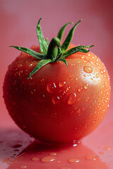 Wall Mural - A fresh tomato, rich in antioxidants for liver health, set against a pastel peach background,