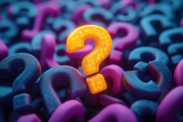 Aufkleber - A cluster of dull grey question marks, with one question mark glowing in bright yellow, set against a pastel lavender background,