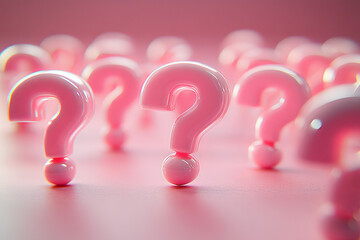 Aufkleber - A scattering of faded question marks, with one question mark glowing in bright pink, isolated on a pastel coral background,
