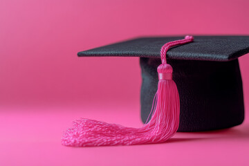 Poster - A graduation cap with a tassel, symbolizing academic achievement, set against a pastel pink background,