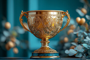 Poster - A shiny gold trophy with engravings, set against a pastel blue background,