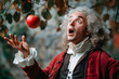 © john - Man dressed as Isaac Newton in historical costume, surprised by falling apple, 