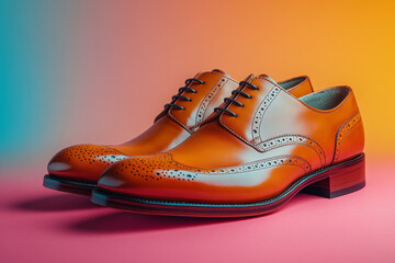 Poster - A pair of polished, high-end dress shoes, representing success in the business world, set against a pastel coral background,