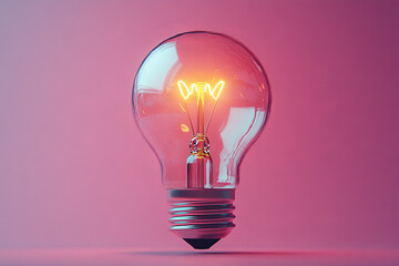 Poster - A glowing light bulb, symbolizing successful ideas, set against a pastel pink background,