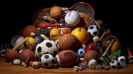 Mixed sports equipment piled in disarray: various items including soccer balls, basketballs, tennis rackets, and baseball bats scattered on floor, creating a chaotic scene of athletic gear after inten