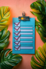 Aufkleber - A successful completion checklist, with all boxes ticked, set against a pastel peach background,