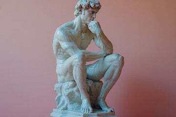 Leinwandbilder - A thinking man statue in the classic pose, isolated on a pastel coral background,