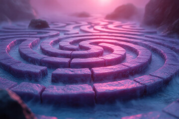 Aufkleber - A labyrinth, symbolizing the complexity of thought, set against a pastel lavender background,
