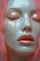 Poster - A tear-streaked face mask, set against a pastel peach background,