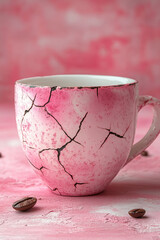 Poster - A cracked coffee cup, symbolizing exhaustion, set against a pastel pink background,