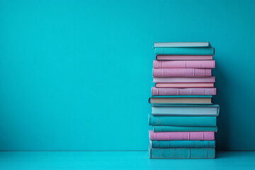 Poster - A drooping stack of books, symbolizing overwhelming knowledge, isolated on a pastel blue background,