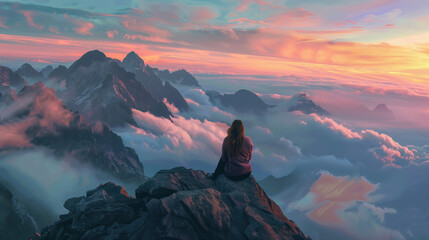 Rear view of a woman on a mountain peak, peacefully watching the pastel colors of a sunrise and low-lying clouds