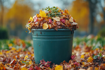 Aufkleber - A compost bin with a mix of organic waste, isolated on a pastel blue background,