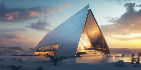 Poster - A large building with a triangular shape is lit up at night