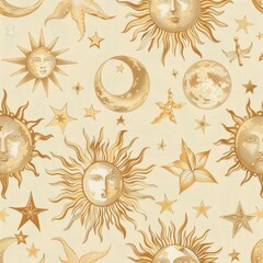 Wall Mural - retro celestial design with suns, moons, and stars in gold against a cream background, creating a vi