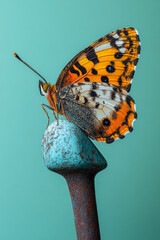 Aufkleber - A butterfly perched on a garden spade, isolated on a pastel mint background,