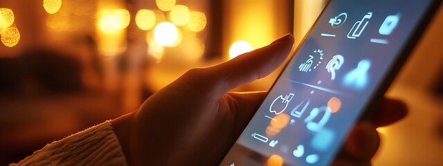 Poster - Close-Up of Hand Using Smartphone App to Control Lighting and Temperature in a Modern Living Area