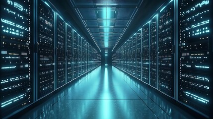 Poster - Wide-Angle View of a Massive Data Center with Rows of Servers and Blinking Lights
