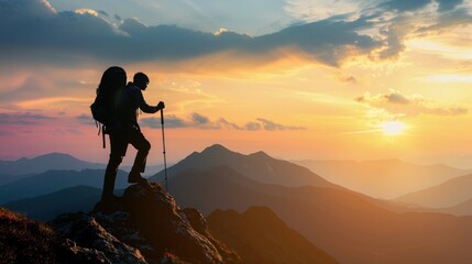 Wall Mural - Silhouette of Hiker on Mountaintop at Sunset