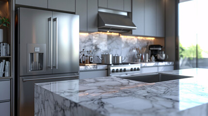 A modern kitchen with stainless steel appliances and marble countertops. The sleek design is perfect for a chef or anyone who loves to cook.