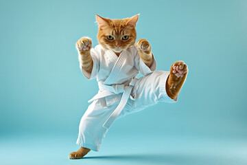 Wall Mural - A ginger cat in a karate uniform performing a mid-kick on a light blue background.