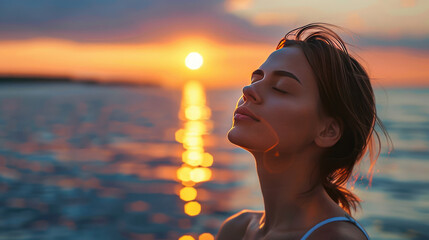 Wall Mural - Peaceful woman standing by the sea with closed eyes, savoring the sunset's last rays and expressing calm delight