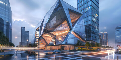 Poster - A futuristic building with a lot of glass windows