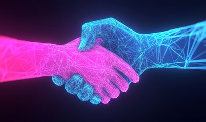 Poster - The concept of partnership, collaboration, or teamwork illustrated in bright and futuristic style. Illustration with light effects and neon.