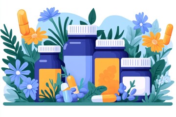 Sticker - A vibrant and detailed vector illustration of various medicine bottles and capsules surrounded by flowers symbolizing the harmonious integration of nature and pharmaceuticals in modern healthcare