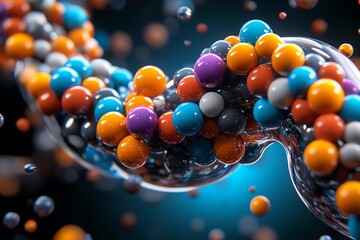 Aufkleber - Close-up of colorful molecular structure representing DNA or nanotechnology. Vibrant spheres connected in a complex pattern on a dark background.