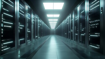 Fototapete - Dynamic Shot of a Data Center Corridor with Blinking Lights and Rows of Servers
