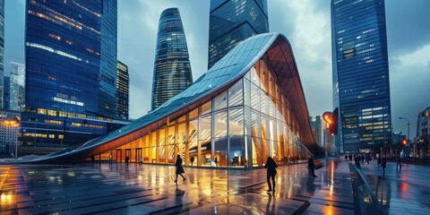 Sticker - A large building with a curved roof and a glass facade