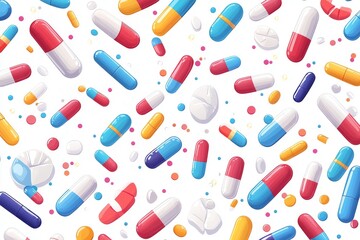 Sticker - A seamless pattern of various pills capsules and tablets in bright colors creating a vibrant and playful design that emphasizes the diversity and accessibility of modern healthcare solutions