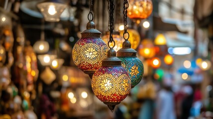 Canvas Print - A group of colorful lamps hanging from a ceiling in an outdoor market, AI