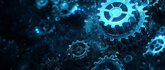 Poster - an abstract blue digital gear for ai innovation in business and tech