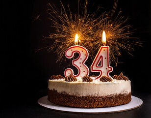 Birthday cake with 34 years birthday candle on dark background with sparklers. copy space