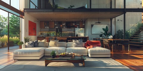 Wall Mural - A large open living room with a white couch, a coffee table, and a potted plant