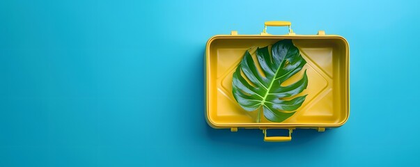 Wall Mural - A single tropical leaf inside a yellow suitcase on a blue background