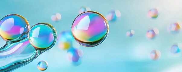 Colorful soap bubbles floating in the air against a soft blue background, creating a dreamy and whimsical atmosphere.